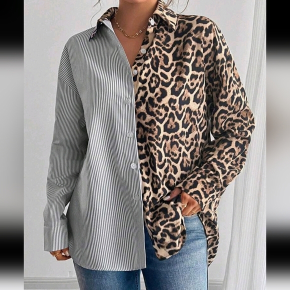 French Elegant Leopard Print Contrast Color-Block Striped Loose Casual Shirt - Picture 4 of 5
